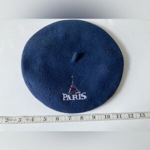 Paris & Eiffel Tower Navy Blue Wool French Beret, Embroidered 10.5” (never used)